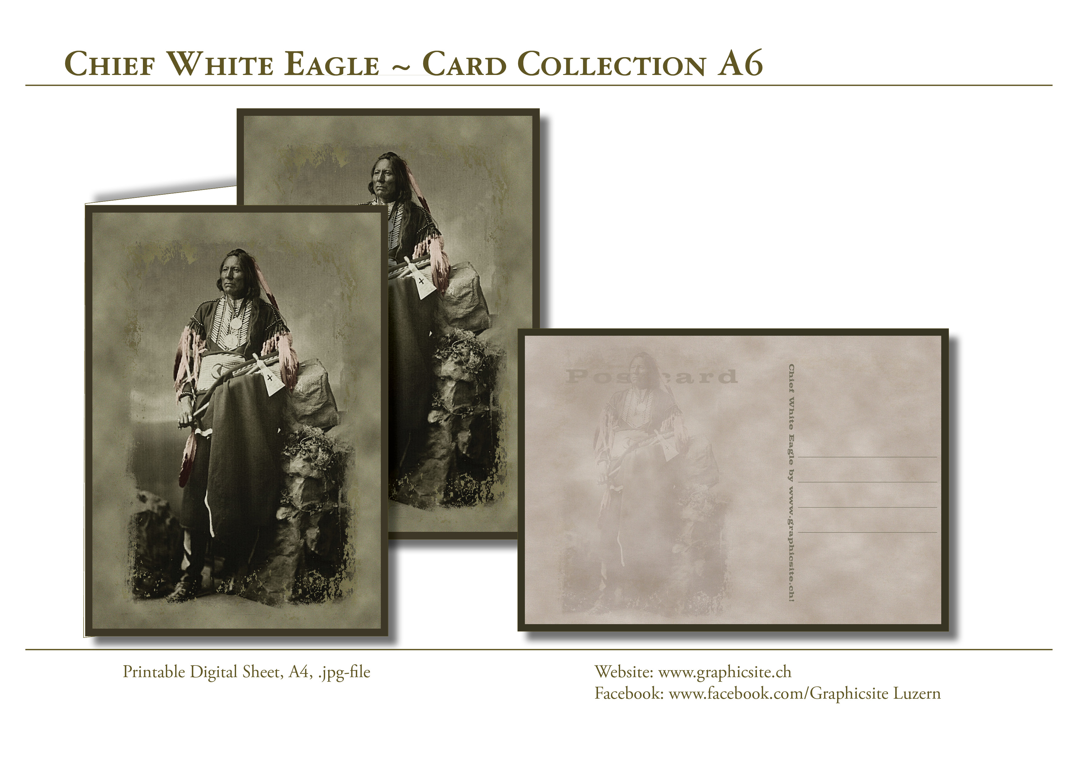 Printable Digital Sheets - Greeting Cards, Postcard, Native American Indian, Chief, White Eagle, Vintage, Feathers,